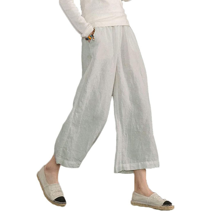 Women Loose Cotton Capris Cropped Wide Leg Pants