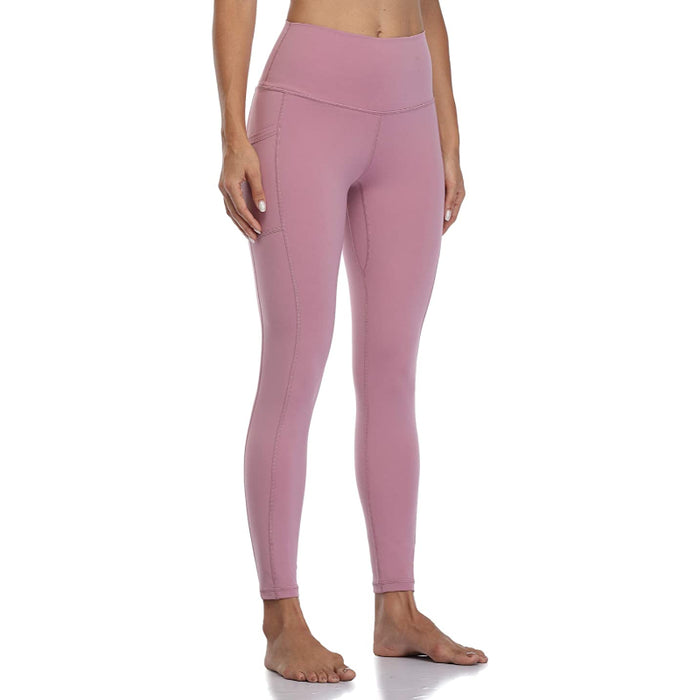 Women's Solid High Waisted Yoga Pants Length Leggings With Pockets