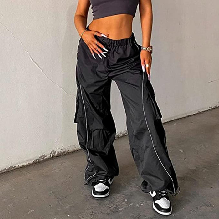 Women Baggy Low Waist Cargo Pants Y2K Parachute Pants For Women Wide Straight Leg Drawstring Trouser With Pocket