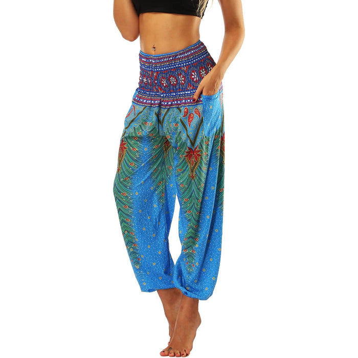 Women's Boho Pants Harem Smocked Waist Yoga Hippie Palazzo Summer Beach Pants