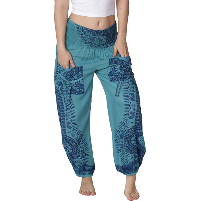 Smocked Harem Pants Hippie Bohemian Casual Gypsy Print Yoga Baggy Boho