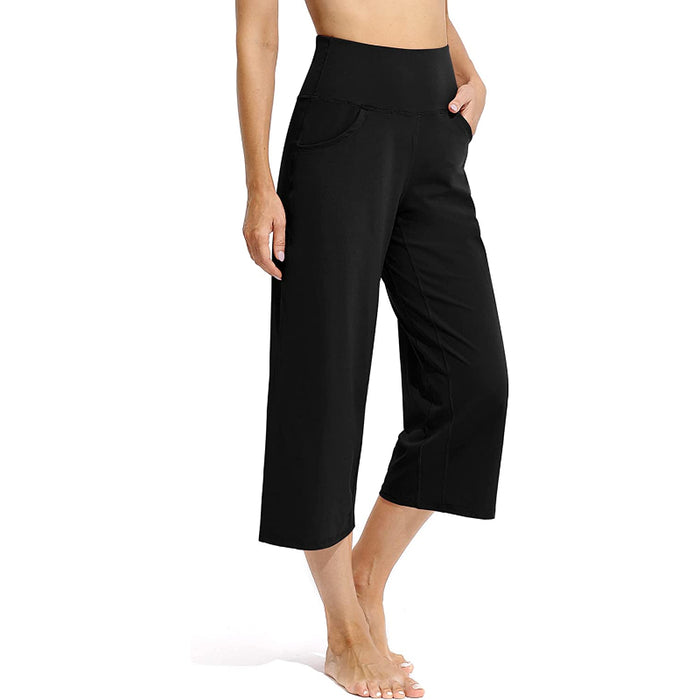 Women Wide Leg Yoga Capri High Waist Stretch Workout Sweatpants With Pockets Casual Straight Leg Pants