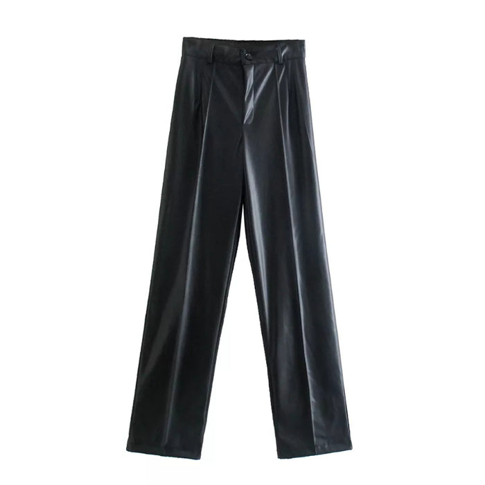 Vintage High Waist Faux Leather Straight Pants