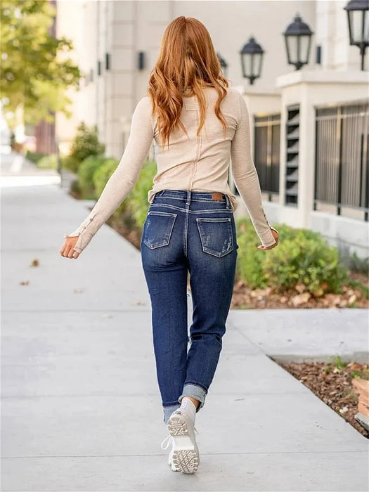 Tummy Slimming Cuffed Jeans With Textured Finish