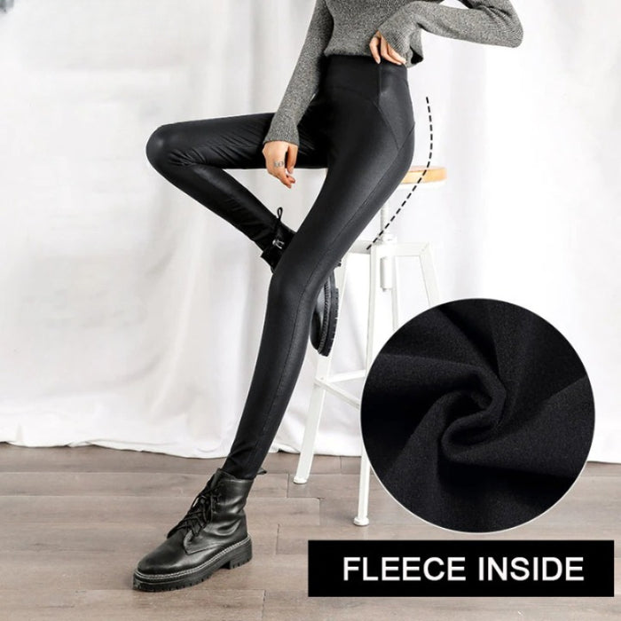 Black Fleece Matte Leather Leggings For Women