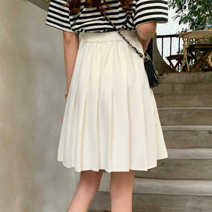 High Waist Knee Length Preppy Style Pleated Skirt