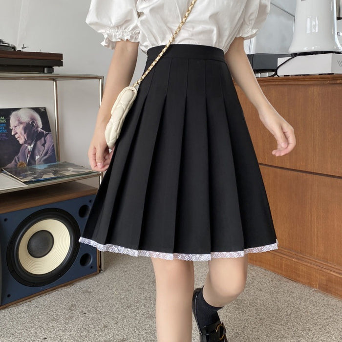 High Waist Knee Length Preppy Style Pleated Skirt